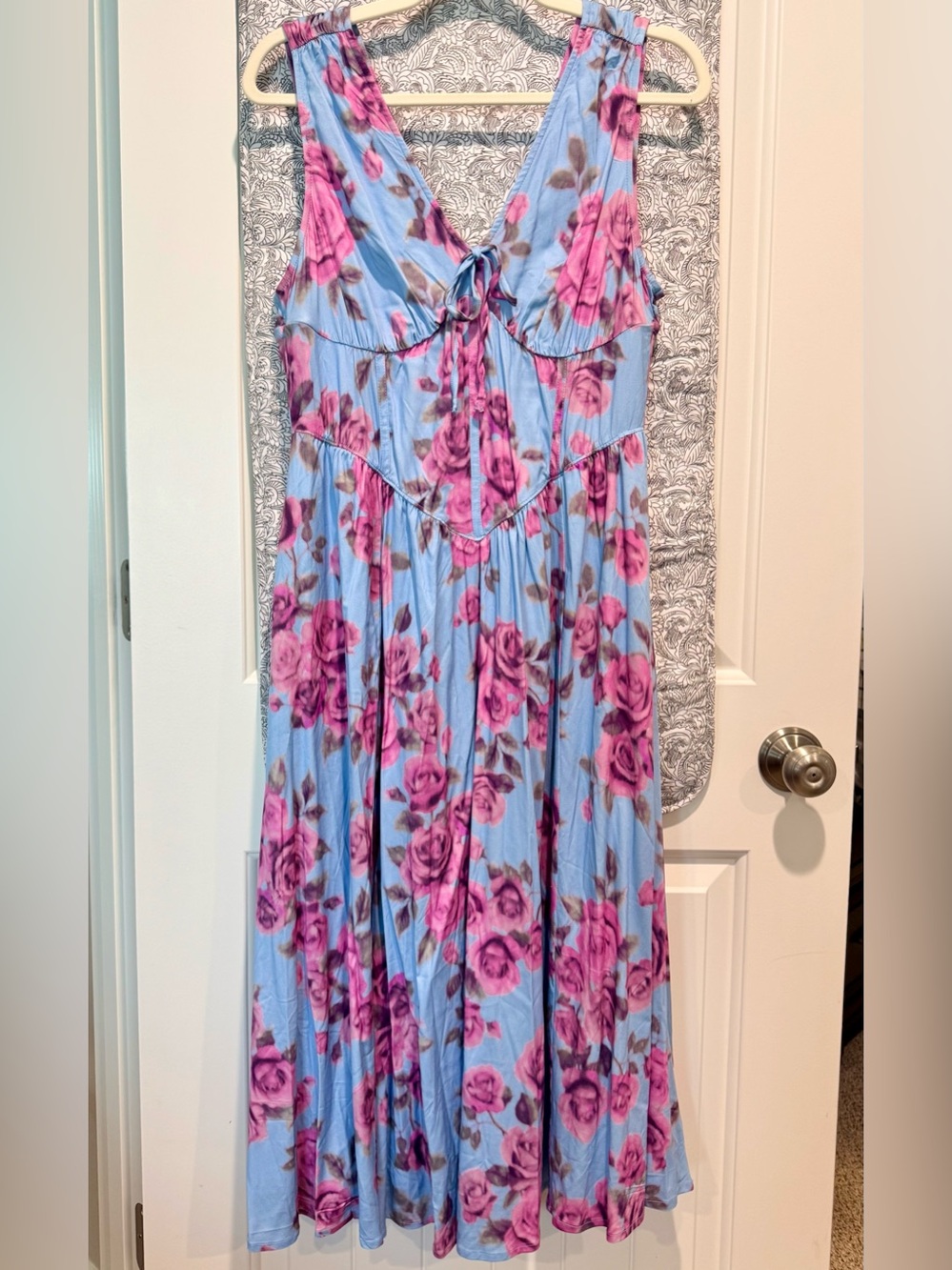 NWT- Light Blue Rose Floral Midi Challis Deep V Corset Dress, Size 10